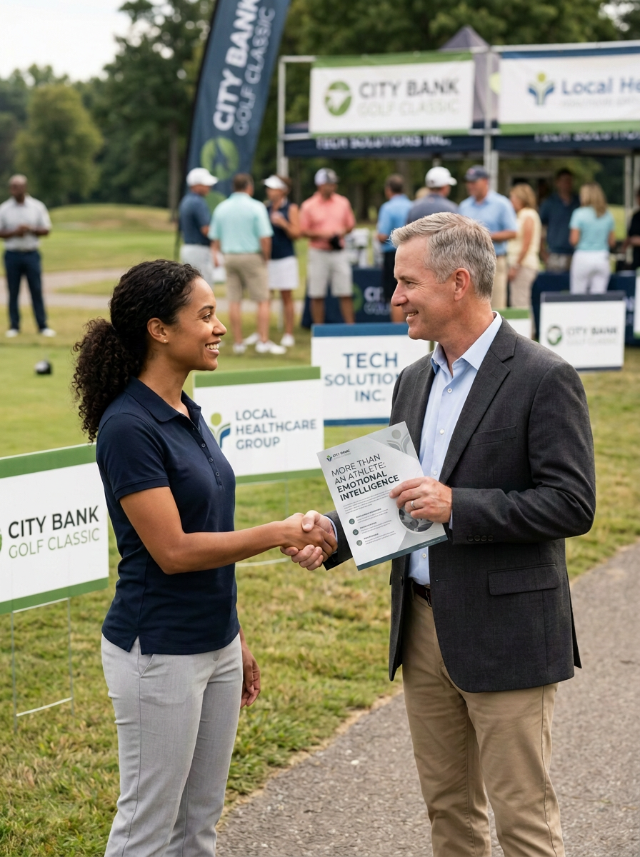 A woman and a man shake hands at a golf event. The man is handing the woman a pamphlet titled 'More Than an Athlete: Emotional Intelligence.' In the background, there are several people near tents with signs for City Bank Golf Classic, Local Healthcare Group, and Tech Solutions Inc., on a golf course.