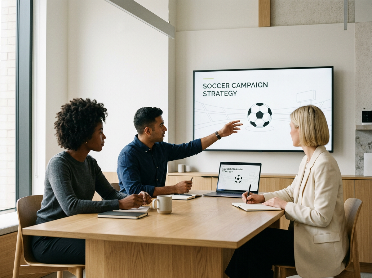 Three people in a meeting room discussing a soccer campaign strategy. A man is pointing at a screen displaying a soccer ball and campaign text, with a laptop and notebooks on the table.
