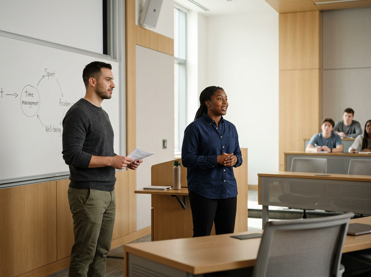 A classroom presentation with a man and a woman standing at the front, with students seated and listening. The man holds papers, and the woman is speaking. A whiteboard with a diagram on time management is behind them.