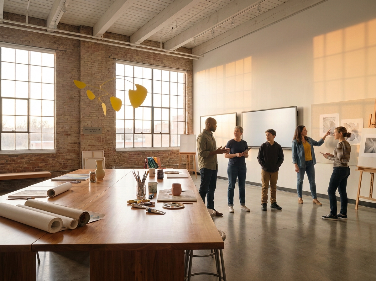 A group of five young adults having a discussion in a bright art studio, with large industrial windows, a brick wall, art supplies on a wooden table, and art prints on an easel.