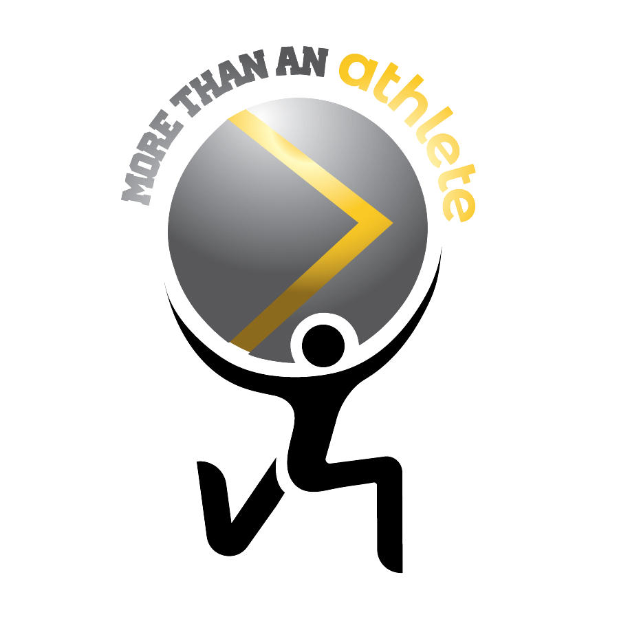 Graphic with a person holding and moving a gray sphere, a yellow arrow represents moving forward, and text in a arch arrangement over sphere, with the words "MORE THAN AN ATHLETE" visible.