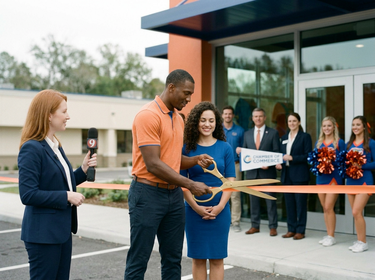 Man cutting a ribbon at a grand opening ceremony outside a building, with a woman holding scissors, a reporter with a microphone, and several onlookers including cheerleaders in the background.