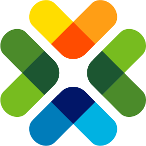 Colorful abstract geometric shape with six overlapping diamond segments in yellow, orange, green, dark green, blue, and dark blue.