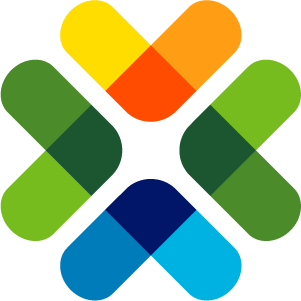 A colorful abstract geometric logo with overlapping shapes in yellow, orange, green, and blue.