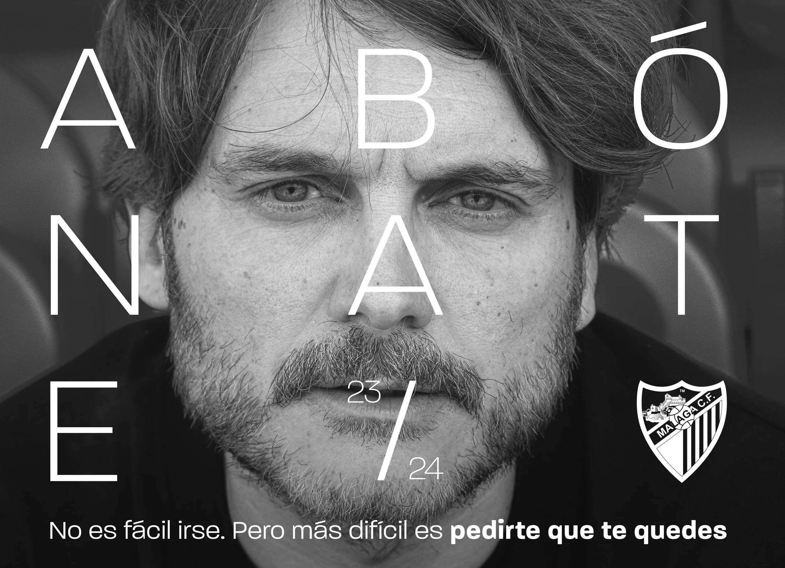 Rostro de un hombre con barba y cabello gris, con texto en español que dice: 'No es fácil irse. Pero más difícil es pedirte que te quedes'.
