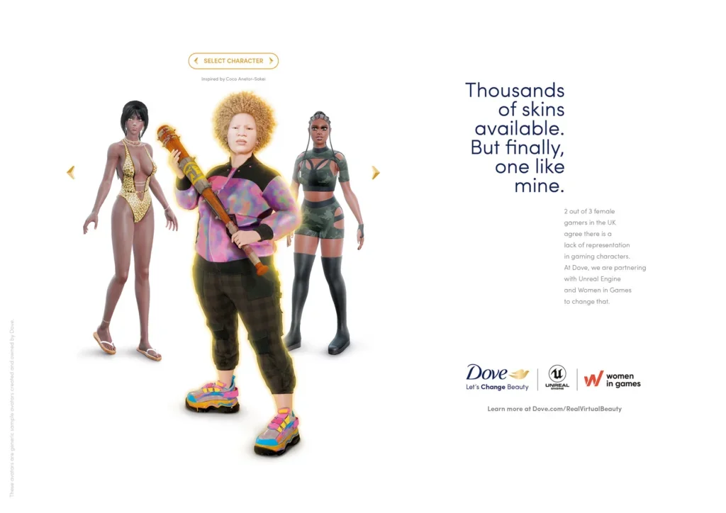 Imagen de tres personajes femeninos electrónicos con diferentes estilos de ropa y pieles, acompañados de texto que habla sobre la diversidad de tonos de piel en los personajes de juegos, de acuerdo con una campaña de Dove en colaboración con Unreal E
