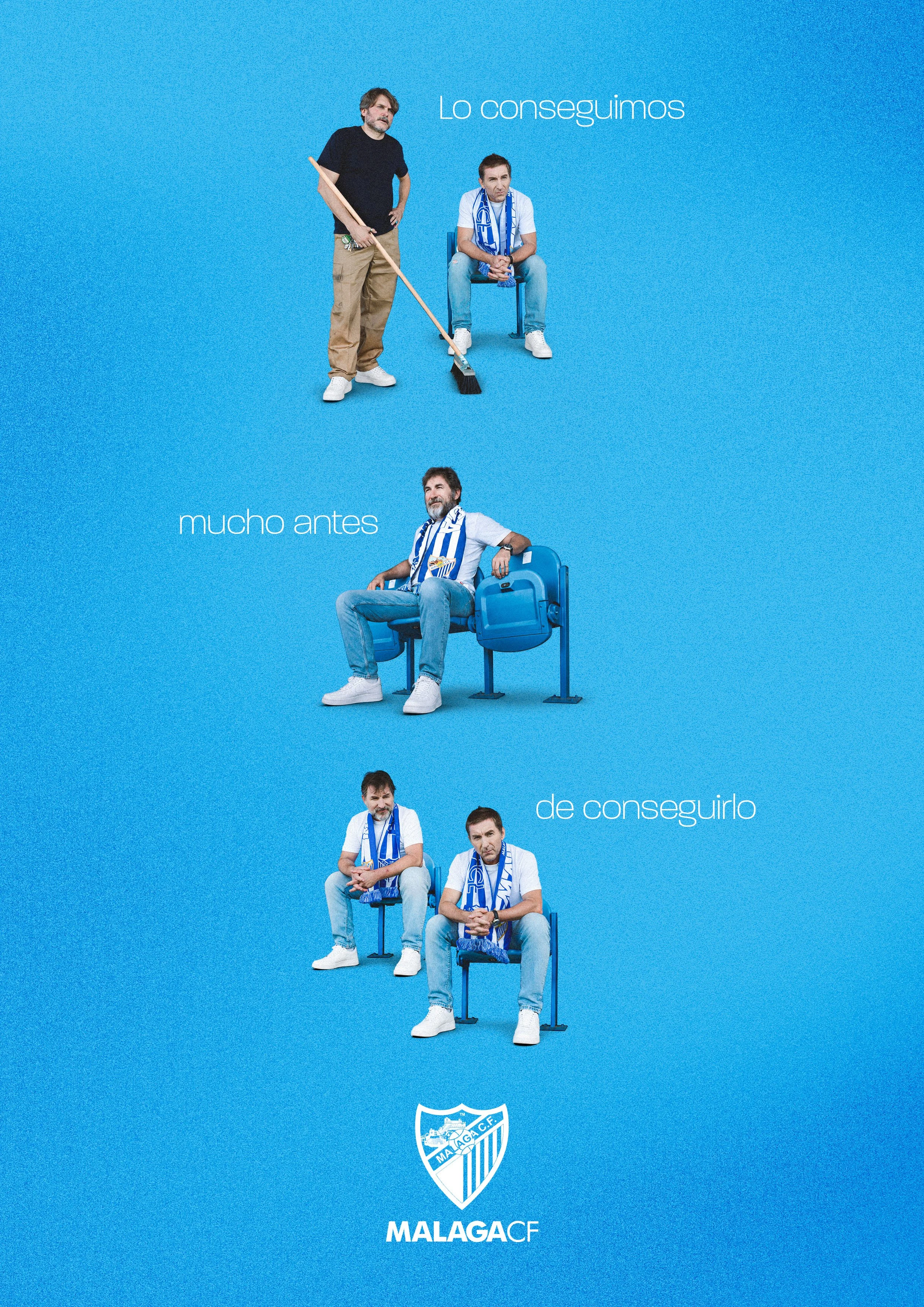 Secuencia de cuatro imágenes de dos hombres con bufandas del equipo de fútbol Málaga CF en diferentes ocasiones, con texto que dice 'Lo conseguimos', 'mucho antes', y 'de conseguirlo'.