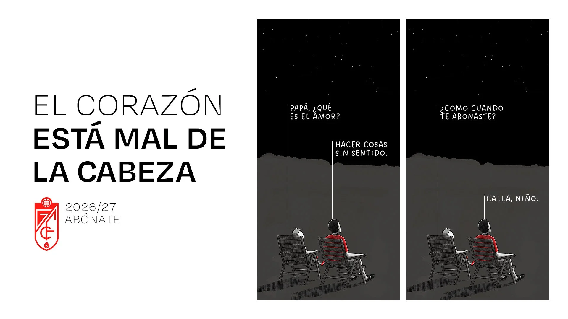 Cartel que dice "El corazón está mal de la cabeza" con una ilustración de dos personas sentadas en un parque, una de ellas con ropa roja, en un fondo de noche con estrellas.