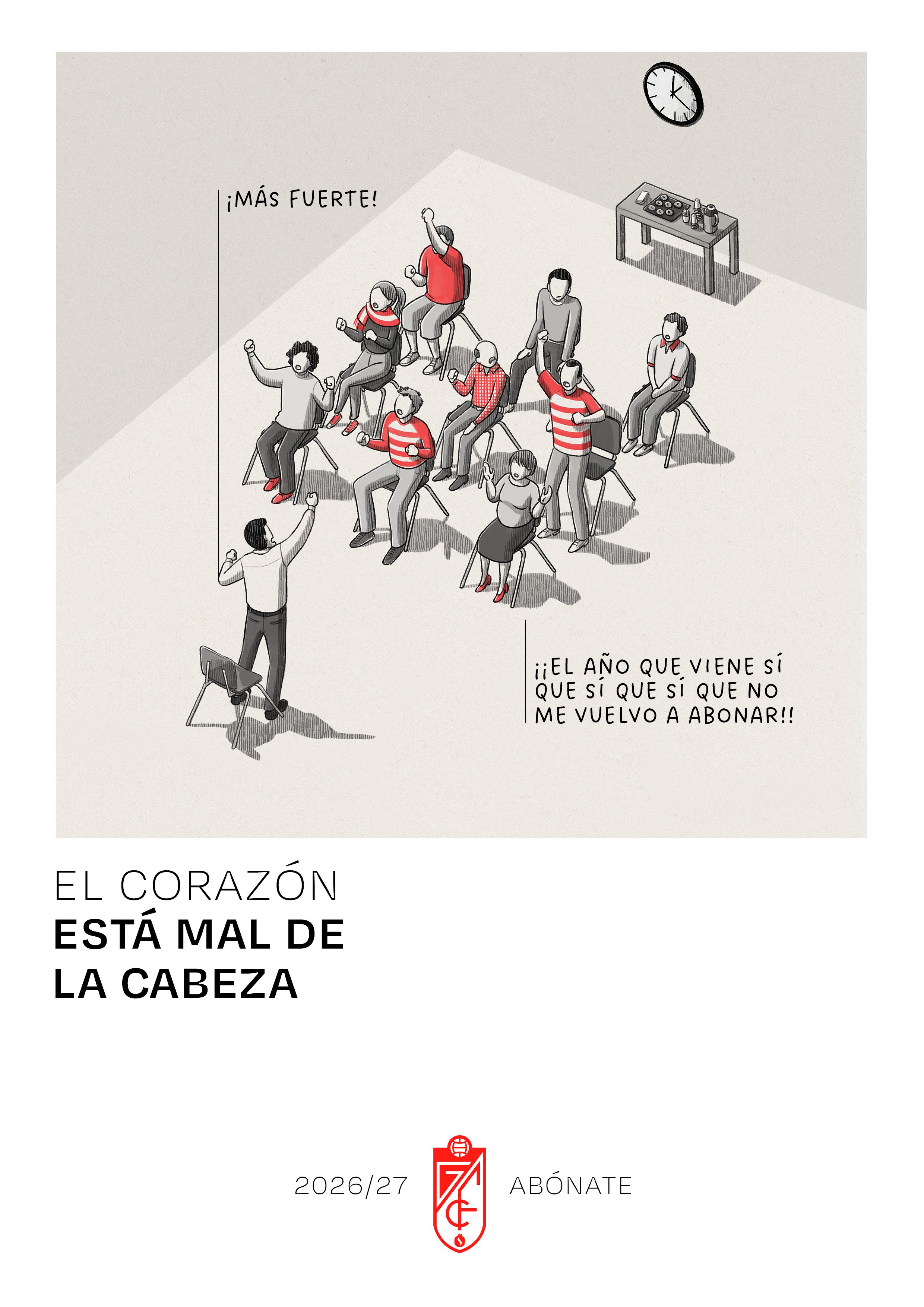 Ilustración de personas en una clase de ejercicio o yoga, levantando los brazos y sonriendo, vestidas con ropa roja y gris, en un ambiente con una pared blanca, un reloj y una mesa con objetos. Texto en la imagen que dice '¡Más fuerte!' y '¡El año qu