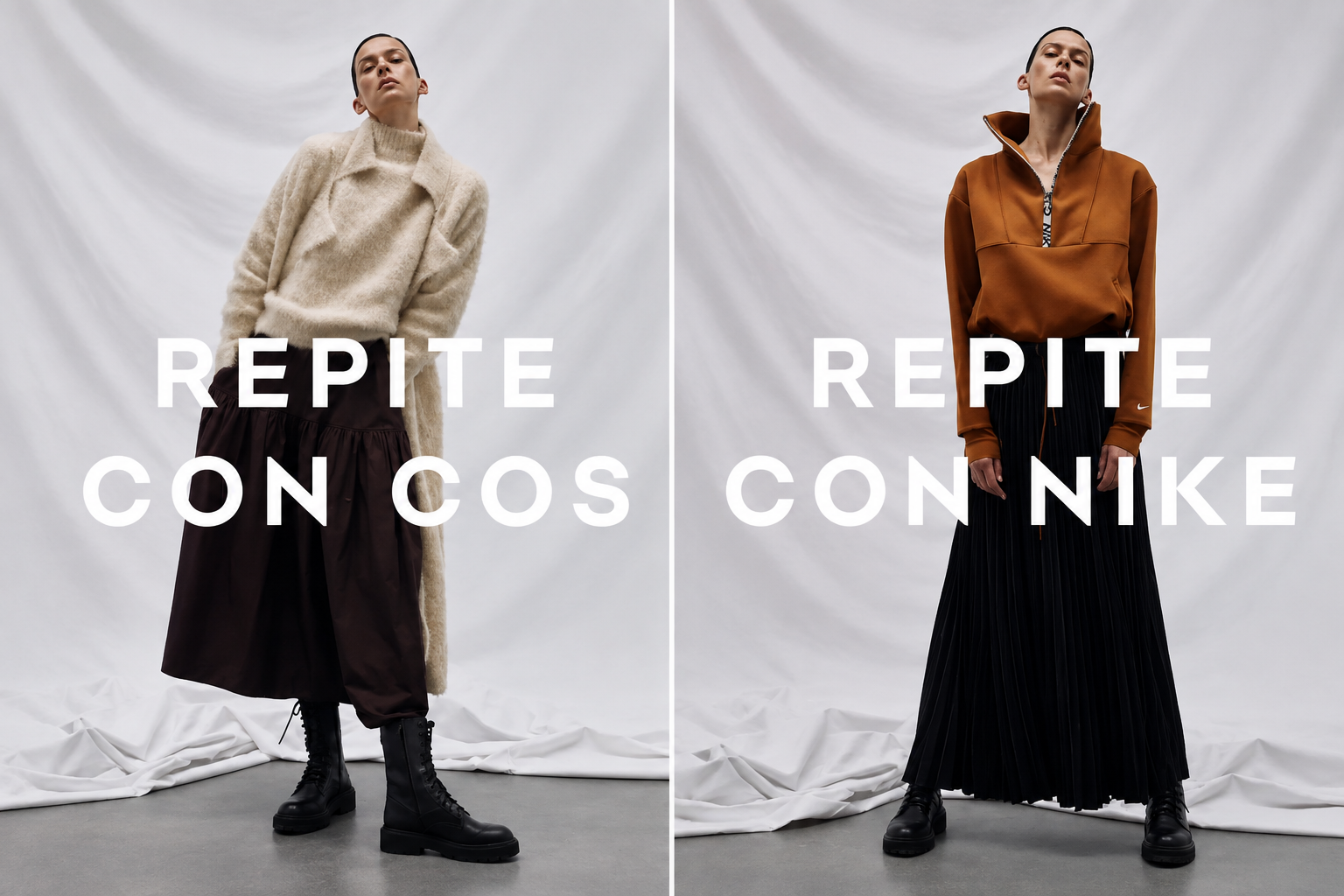 Mujer con ropa de invierno en un lado y mujer con ropa deportiva en el otro, fondo gris, texto en español que dice 'Repite con nosotros' y 'Repite con Nike'.