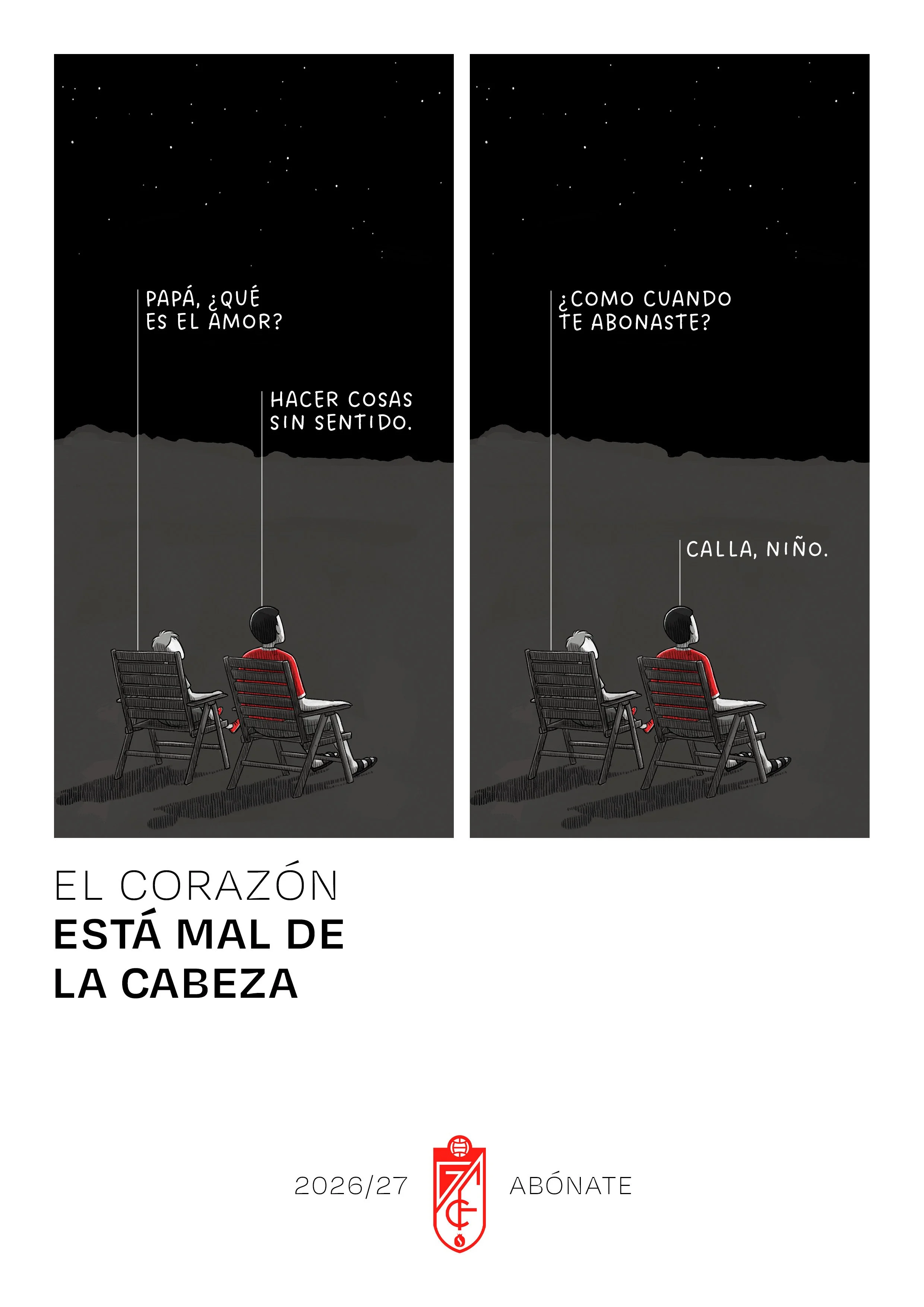 Ilustración en tonos oscuros que muestra a dos personas sentadas en bancos observando un cielo estrellado. Uno de los personajes dice: "Papá, ¿qué es el amor?" y el otro responde: "Hacer cosas sin sentido". La otra persona pregunta: "¿Cómo cuando te 