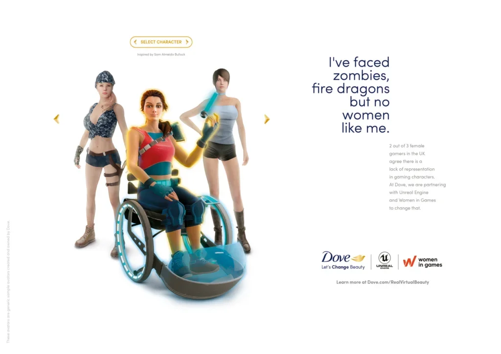 Tres personajes femeninos inspirados en un videojuego, uno en silla de ruedas con un arma láser, otro con vestimenta futurista, y una más con ropa moderna. Texto que menciona enfrentar zombis y dragones de fuego, pero no mujeres como la autora.
