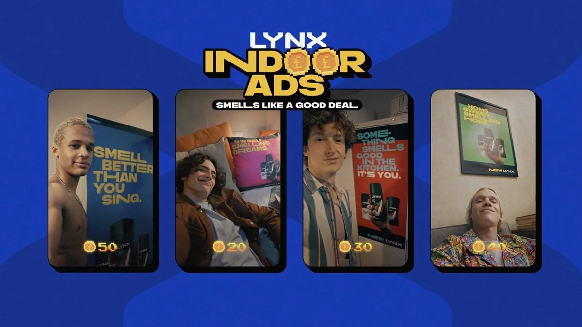Cuatro personas en diferentes entornos, cada una junto a un cartel publicitario de productos Lynx con diferentes mensajes y precios.