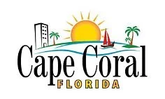 Cape Coral Florida logo with a sun, palm trees, a building, and a sailboat.