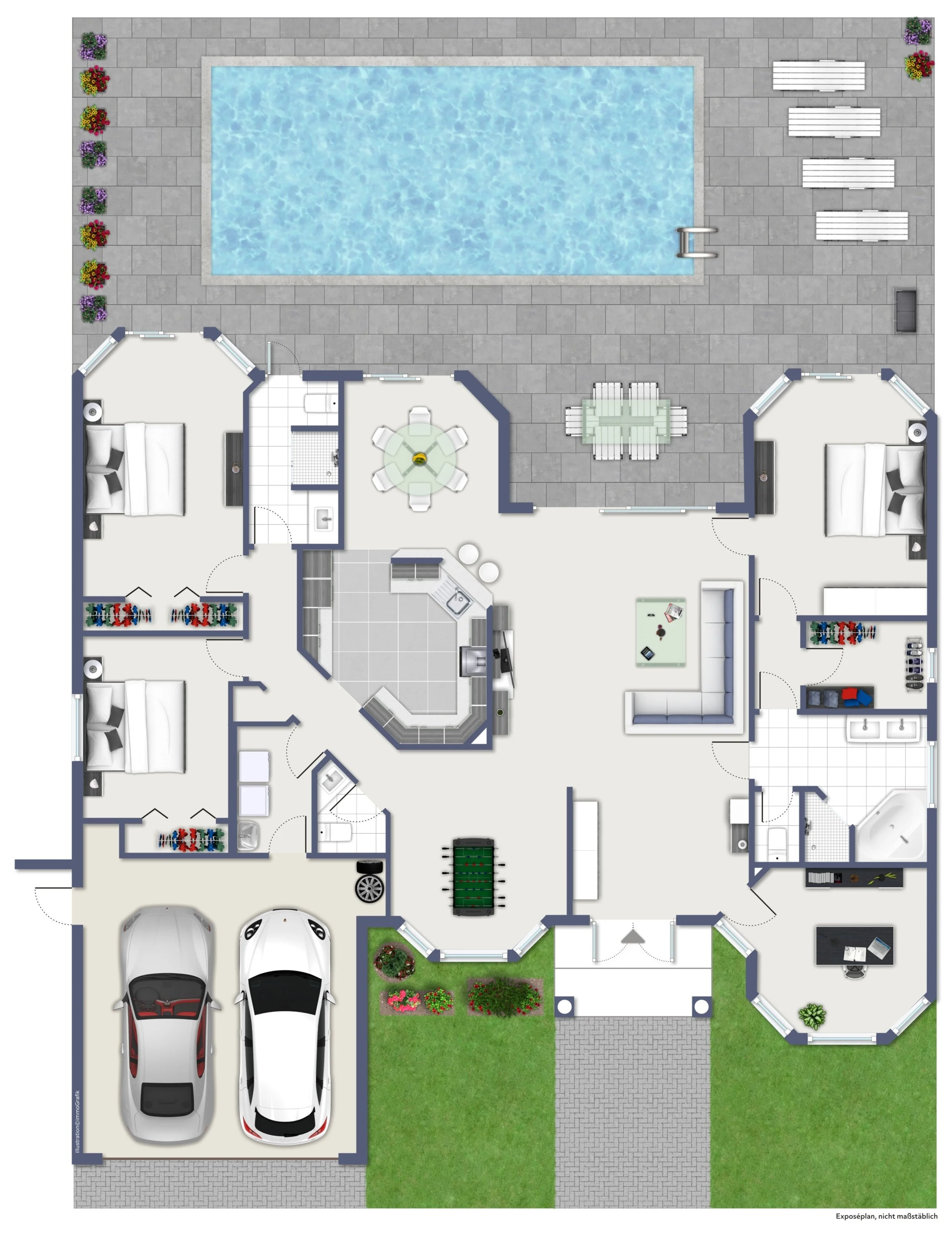 A detailed floor plan of a house showing a garage with two cars, a front yard with a flower garden, a driveway, a covered porch, a living room with furniture, bedrooms, bathrooms, a kitchen, a dining area, and a backyard with a swimming pool surround
