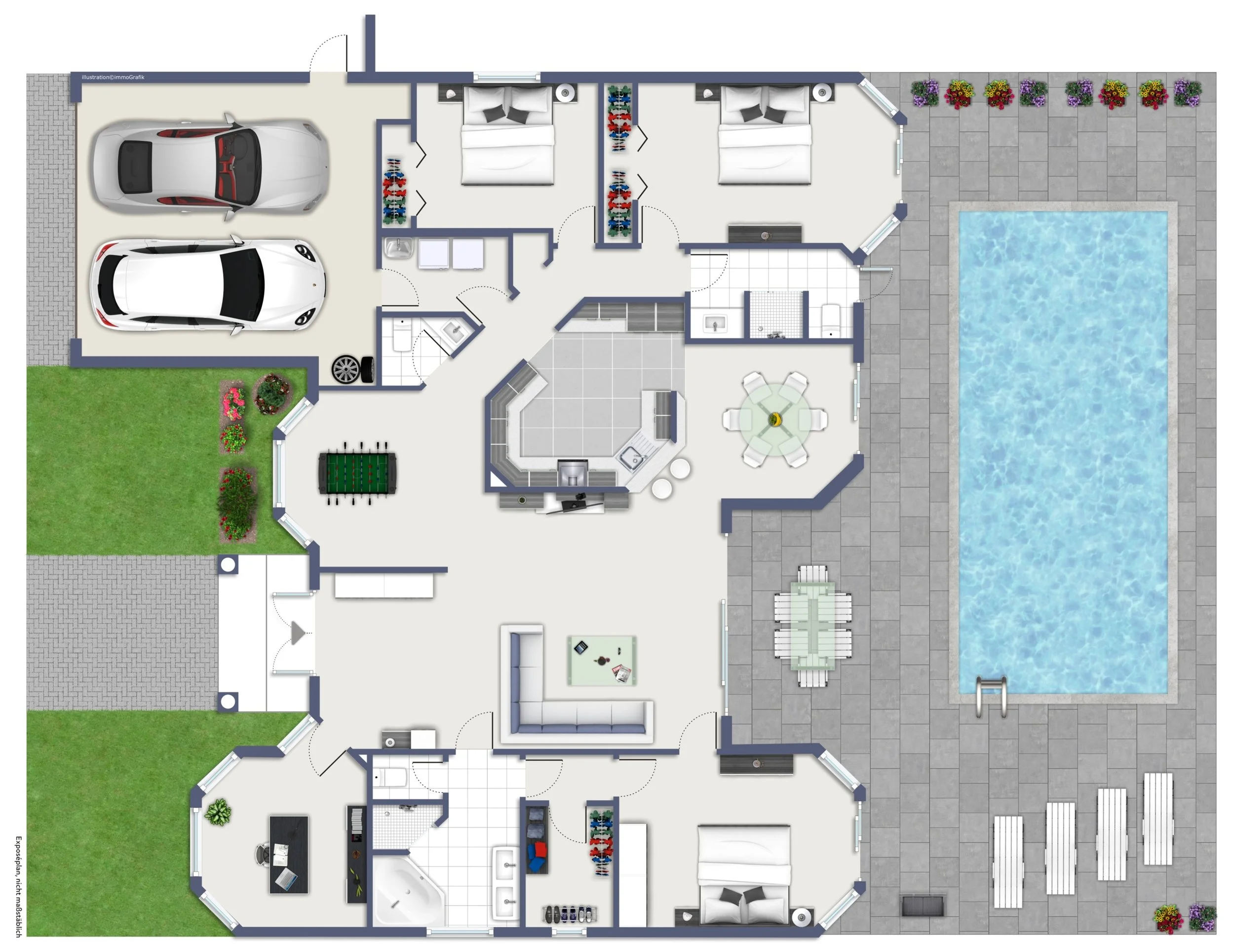 Floor plan of a house showing bedrooms, bathroom, kitchen, living room, dining area, and outdoor pool with patio and garden.