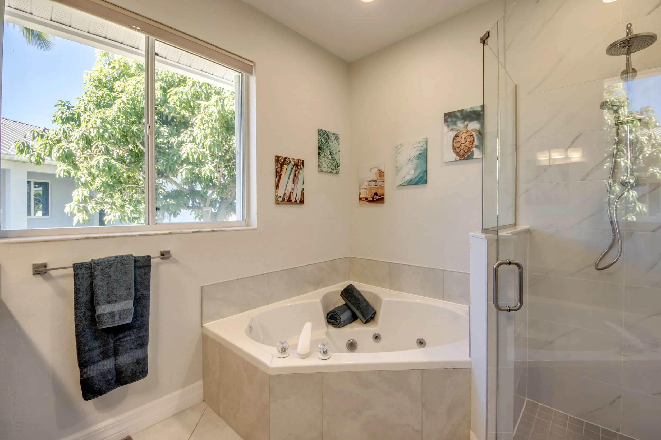 A bathroom with a bathtub, window, and a shower area. The window shows trees outside. There are five framed pictures on the wall, including a turtle, a bus, and scenic images. Towel racks with dark towels are visible near the bathtub.