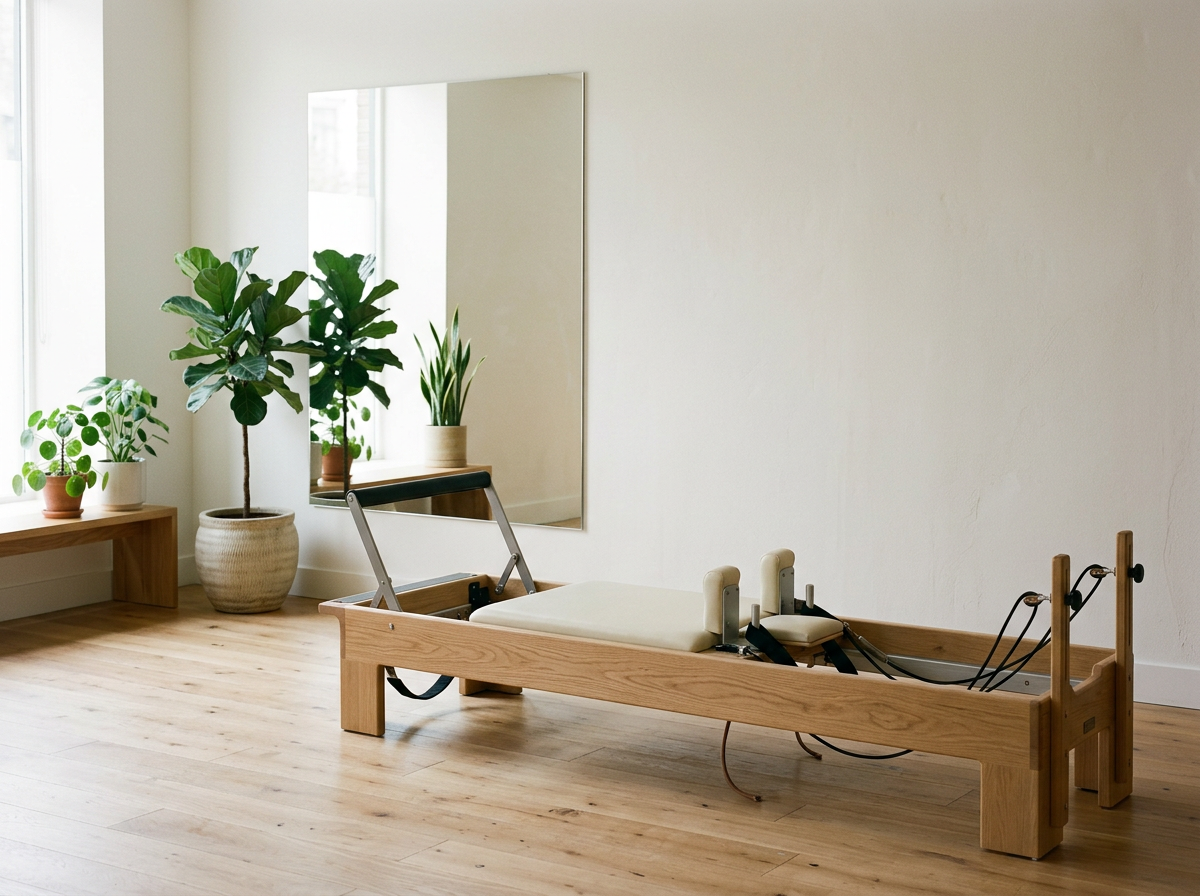 A Pilates reformer machine in a bright room with hardwood floors, potted plants on a window sill, and a large wall mirror.