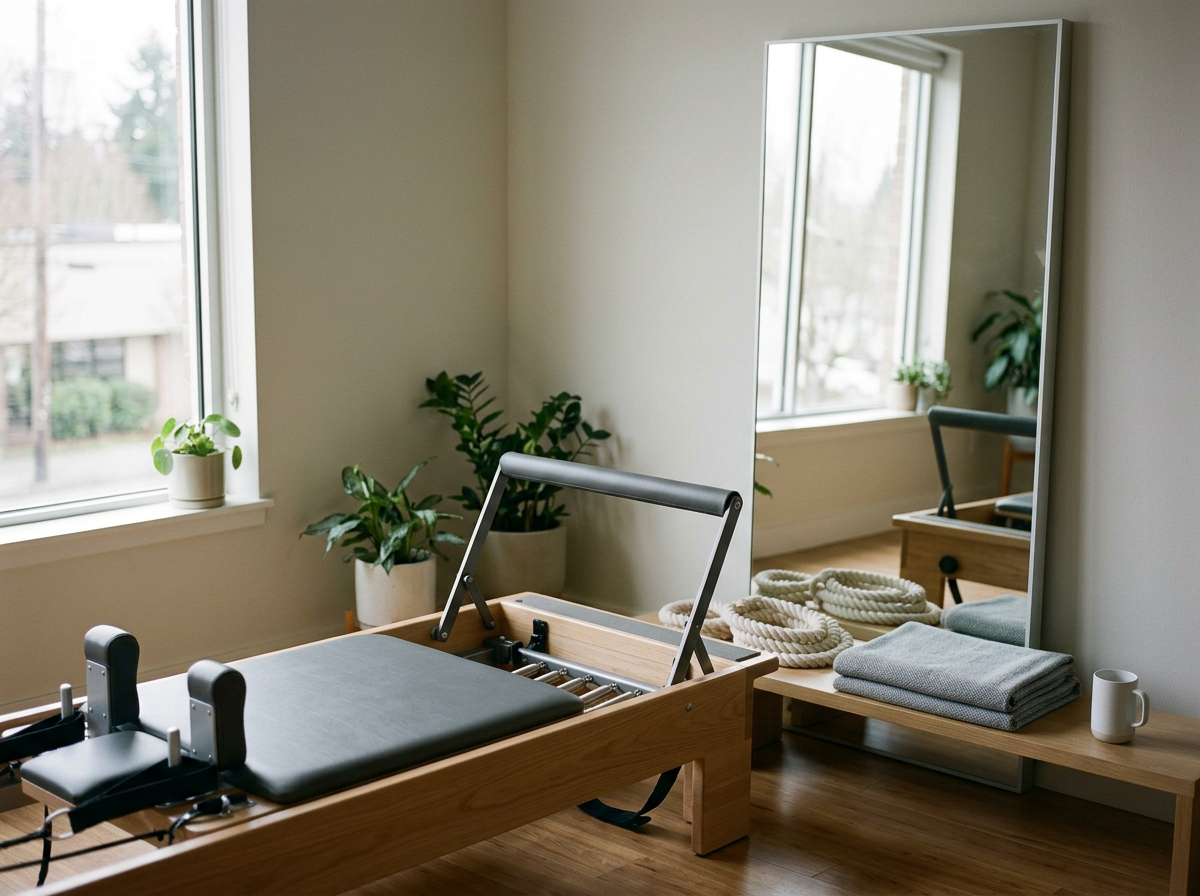 A Pilates reformer machine in a bright room with large windows, several green plants, a wooden bench with folded towels, coils of resistance bands, and a mirror.