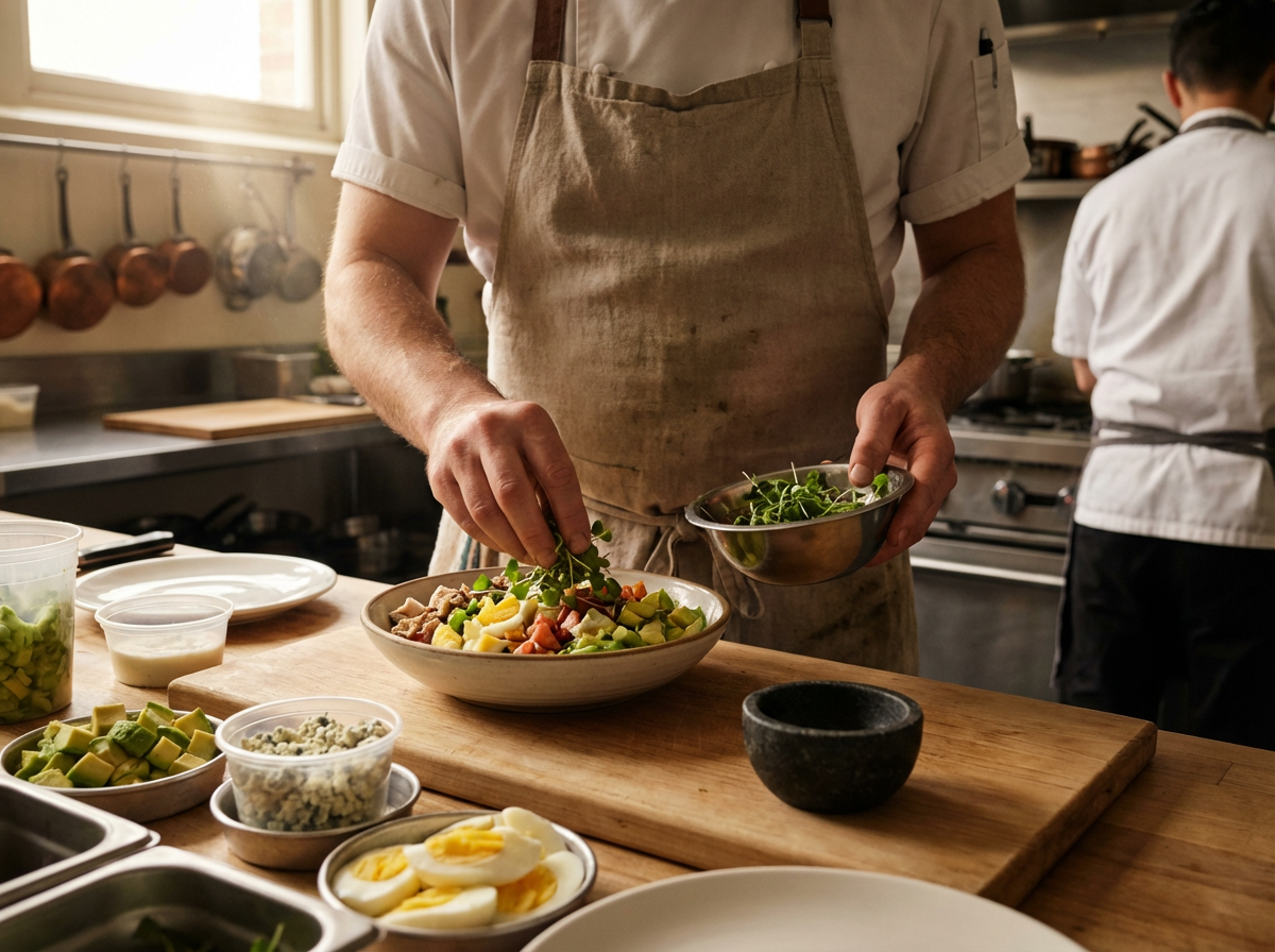 Chef preparing a salad with fresh greens and vegetables in a professional kitchen.