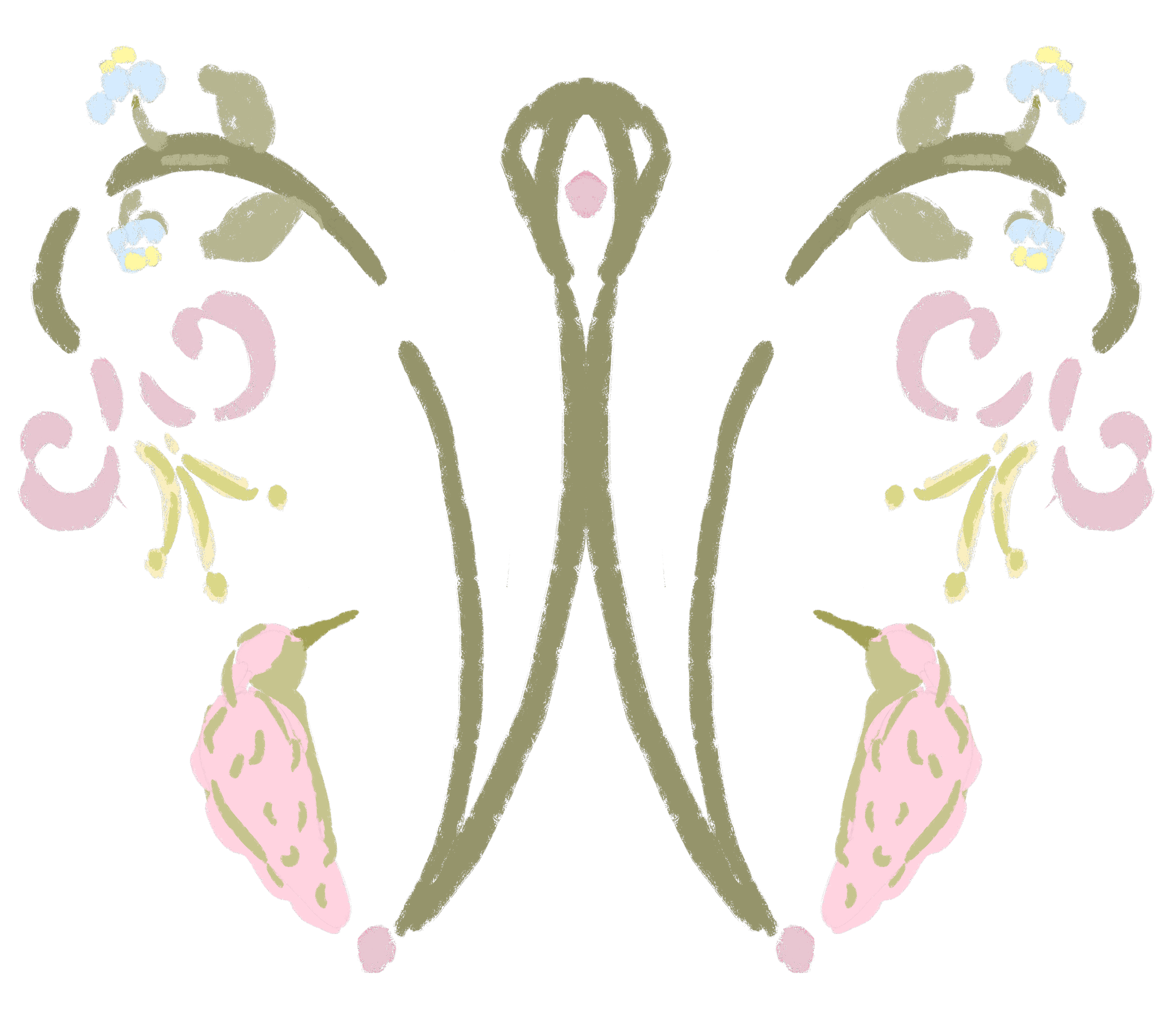 A stylized, abstract illustration of a butterfly with beige, pink, yellow, and blue colors on a black background.