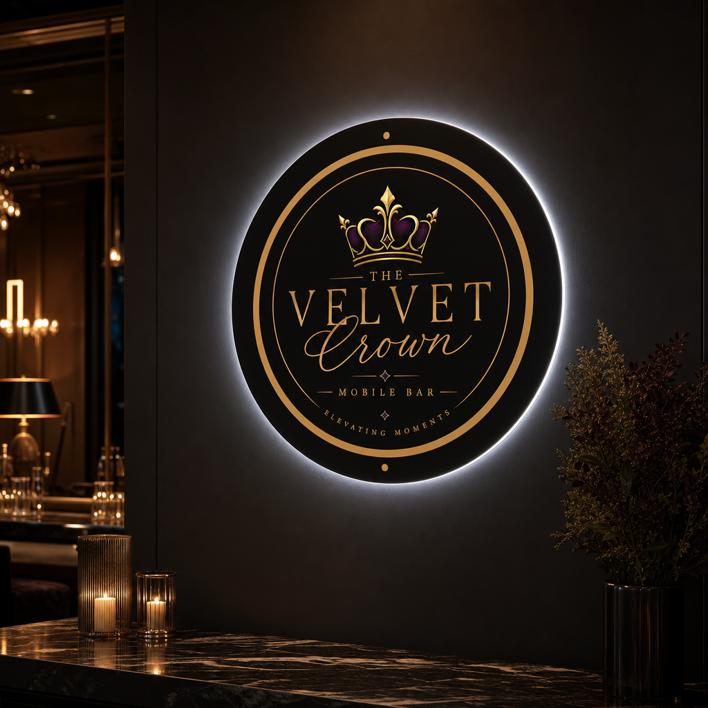 Backlit round sign for The Velvet Crown mobile bar with a crown logo, gold and purple accents, on a dark wall, with candles and a plant nearby.