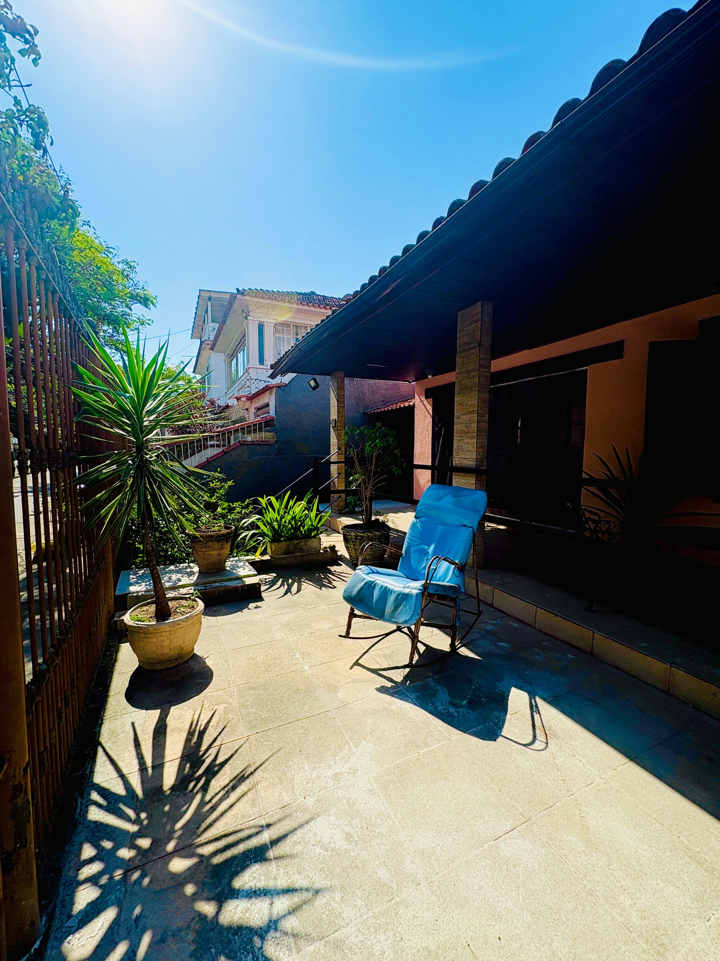 Canto de um quintal com plantas em vasos, cadeira azul e sombra projetada por uma planta no piso, sob céu azul com sol brilhante.