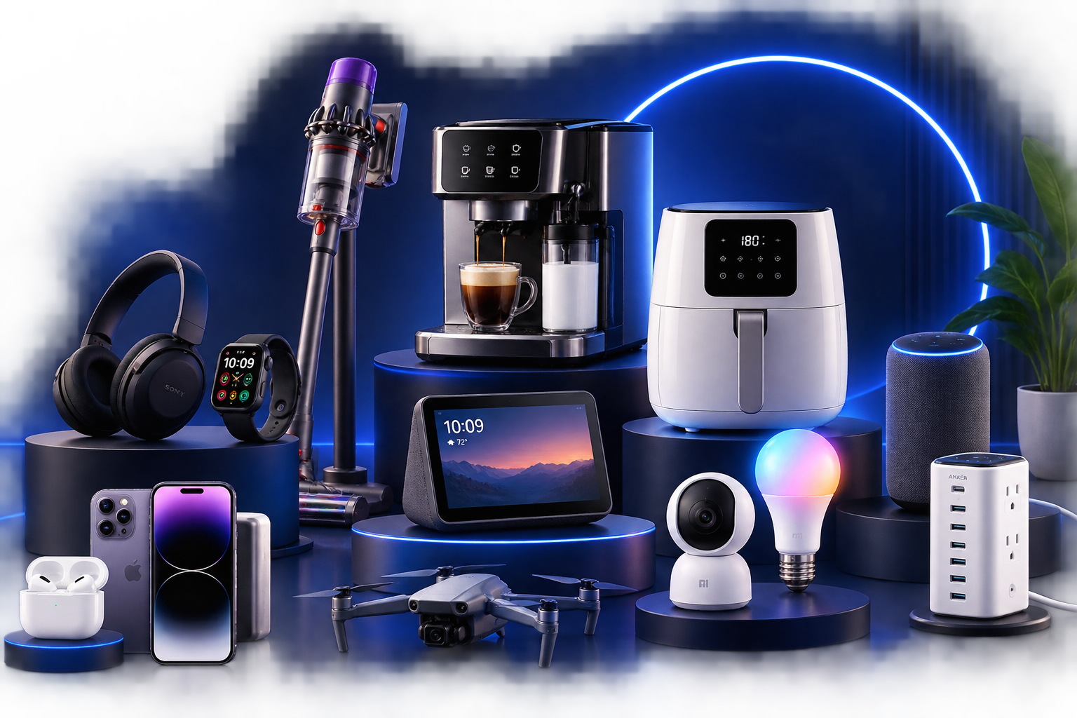 Collection of various modern electronic gadgets and appliances on a dark blue background, including a smartphone, wireless earbuds, smartwatch, drone, smart display, coffee machine, air fryer, smart speaker, smart light bulb, and multi-port charger, with some devices on circular pedestals and plant in the background.