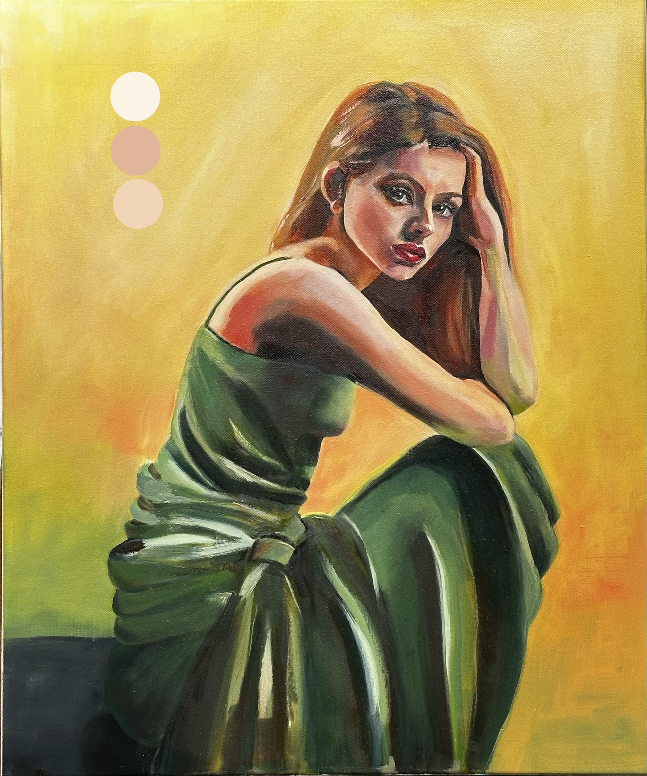 A portrait of a woman with long brown hair, wearing a green silk dress, sitting against a yellow background, with a glossy, expressive painting style.