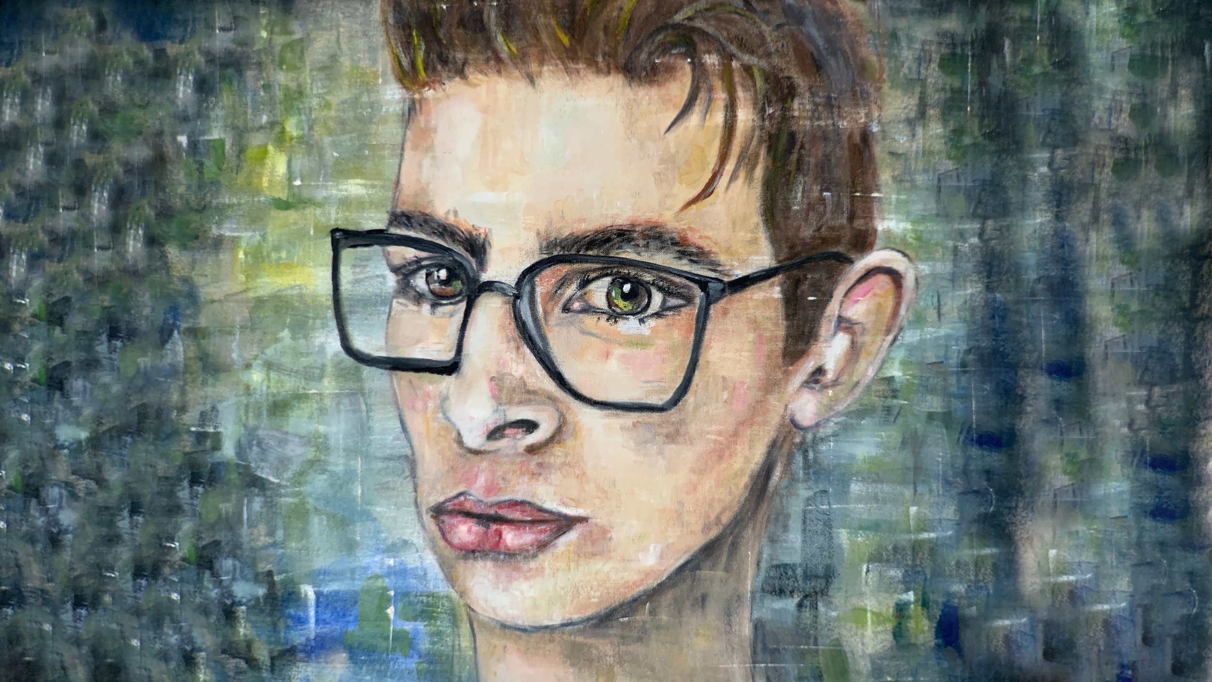 A painting of a young man with brown hair, wearing black-rimmed glasses, with a serious expression on his face, against a textured green and blue background.