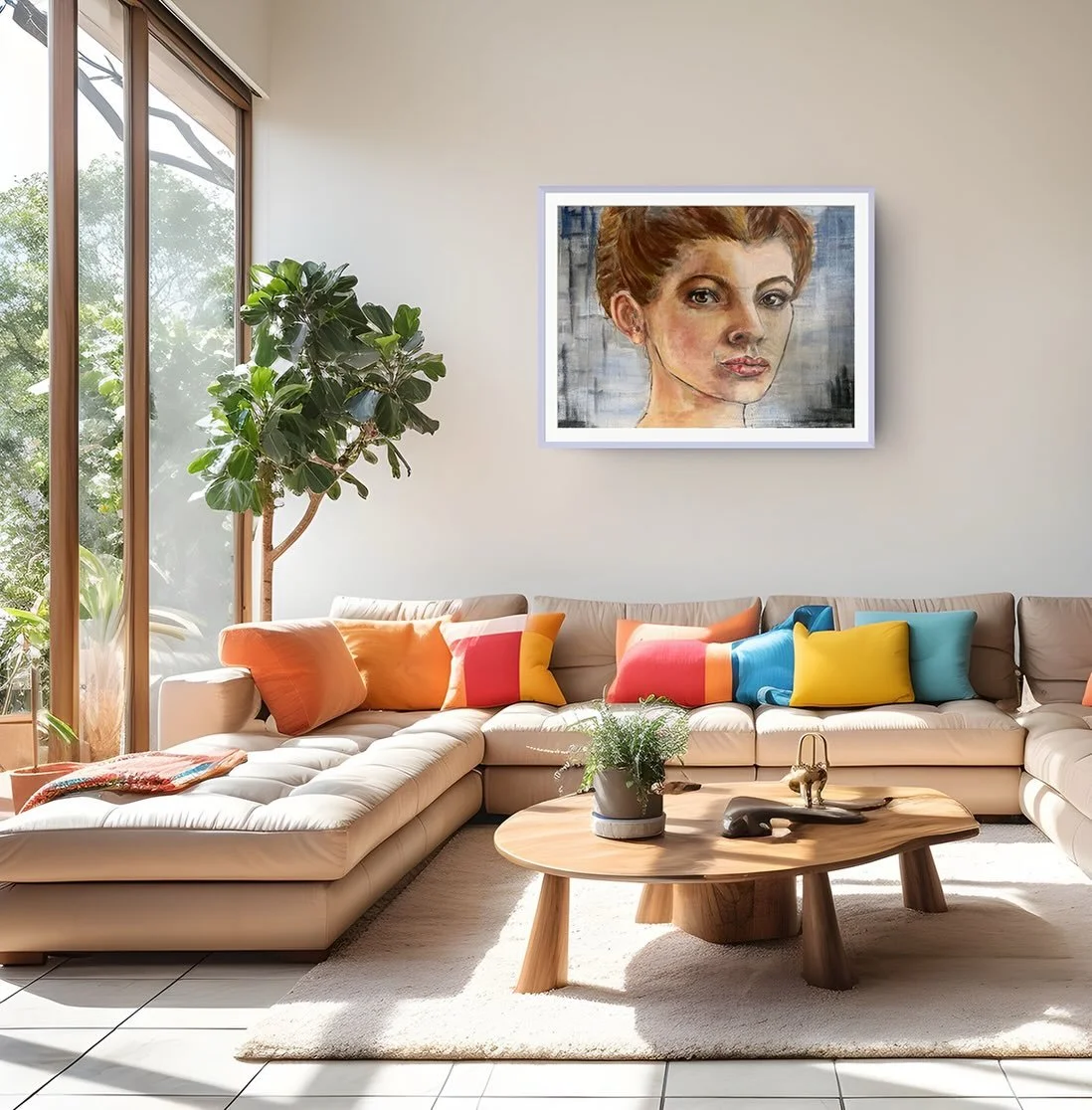 A portrait finding its place at home. ✨

I love seeing a painting move beyond the studio and become part of a living space. Here, the portrait sits beautifully among warm sunlight, colourful cushions and soft, natural tones, creating a little convers