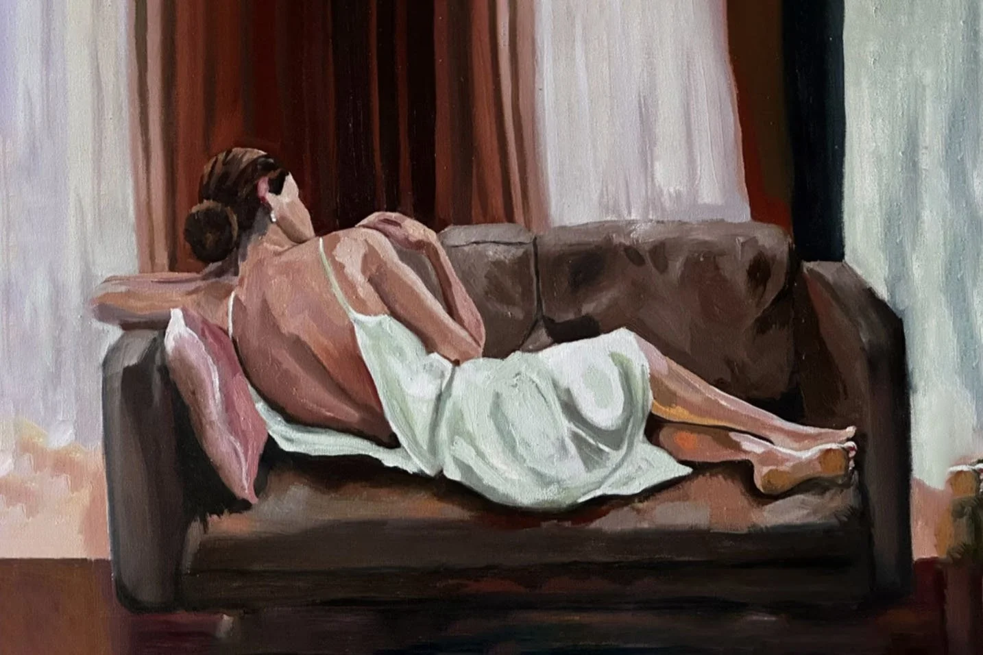 Painting of a woman lying on a sofa, resting her head on her arm, with a chocolate brown velvet curtain in the background.