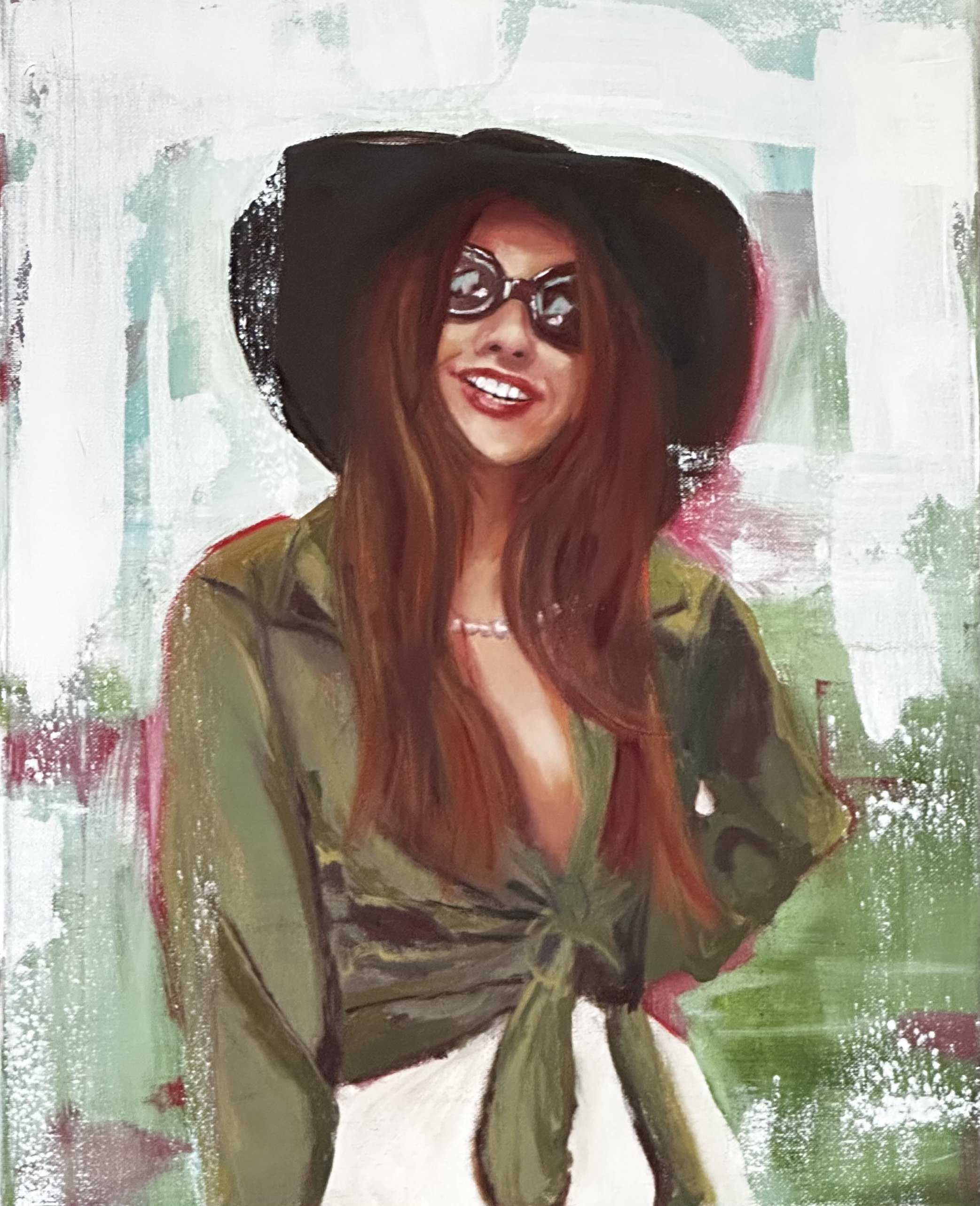 Painting of a woman with long auburn hair wearing glasses, a large black hat, a necklace, and an olive-green blouse, smiling at the camera.