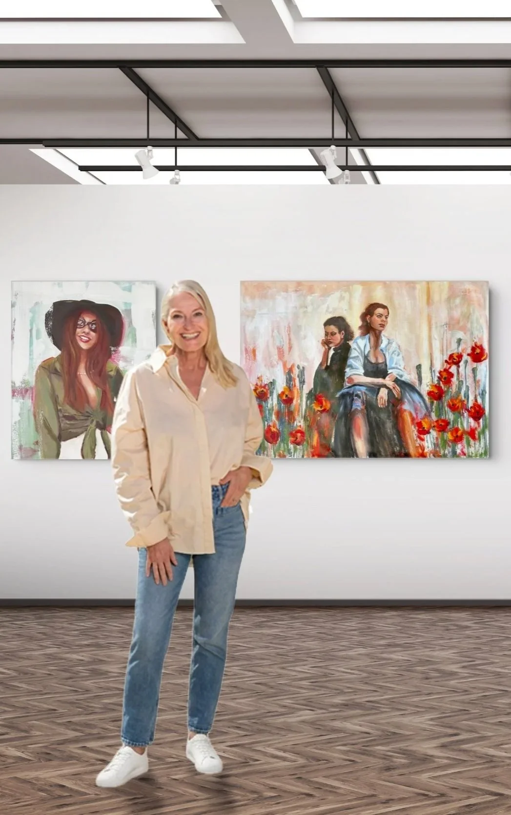 Artist Nelly le Comte in front of her artwork depicting strong female characters in an art gallery.