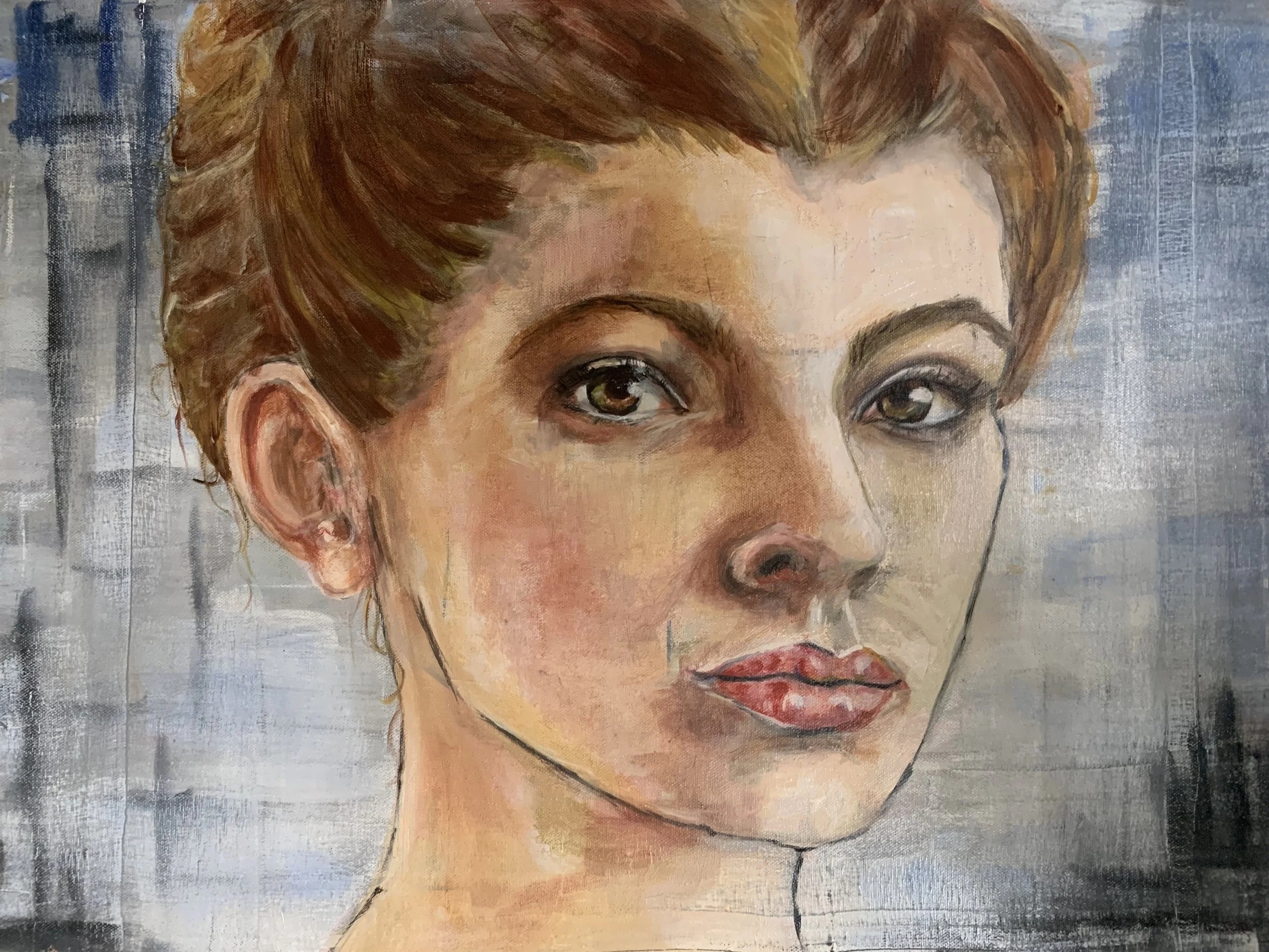 Close-up of an oil painting depicting a woman with short brown hair, green eyes, and light makeup, with a textured background in shades of blue/grey.