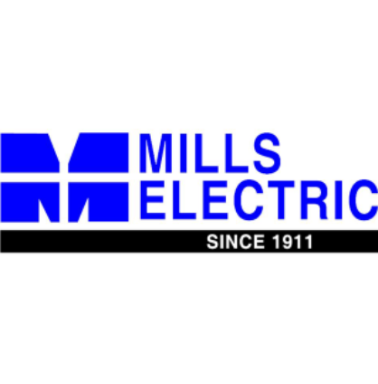 Logo of Mills Electric, established in 1911, with blue square and rectangle shapes, and text in blue and white.