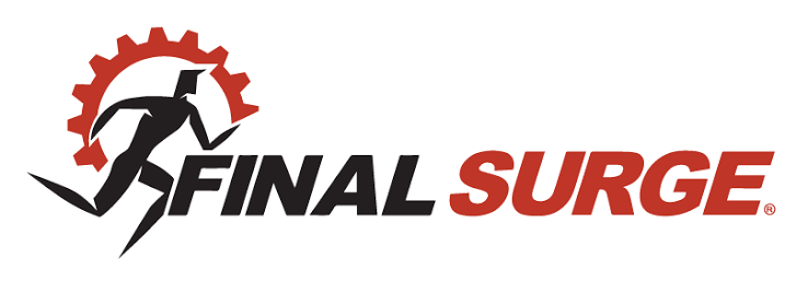 Logo for Final Surge, featuring a stylized running person with a gear wheel background