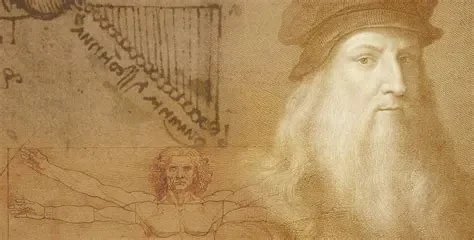 Leonardo da Vinci with some of his drawings