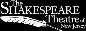 Logo for The Shakespeare Theatre of New Jersey with black background, white text, and a feather quill