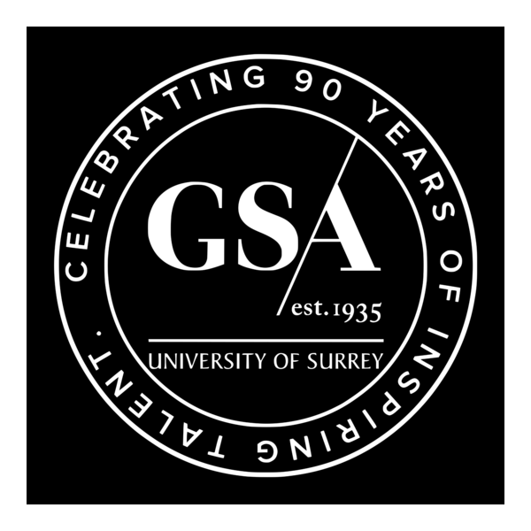 Logo for GSA celebrating 90 years of inspiring talent, established in 1935, at the University of Surrey.