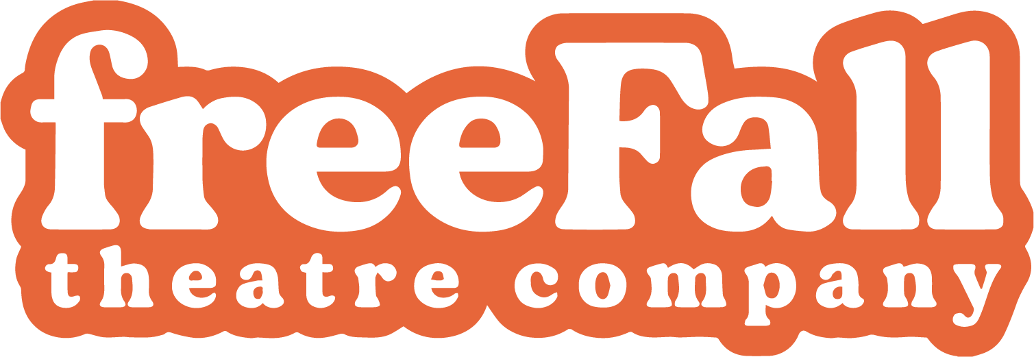 Logo of Free Fall Theatre Company with styled text 'free fall' and smaller text 'theatre company' below in white, outlined by orange.