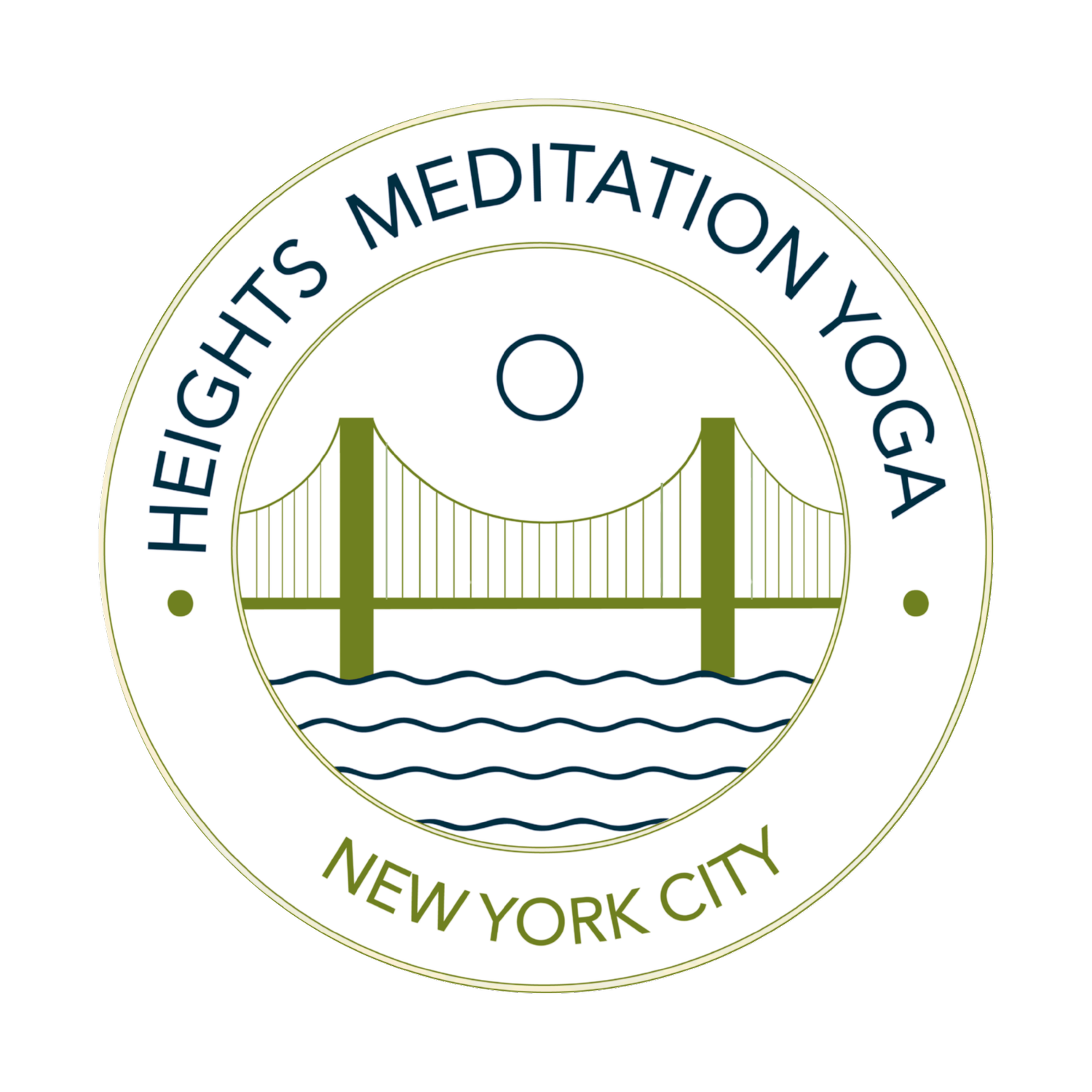 Seal with a bridge, water, and the words 'Heights Meditation Yoga' and 'New York City'.