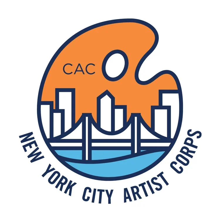 A circular logo for the New York City Artist Corps with an orange painter's palette featuring the letters 'CAC' and a stylized illustration of New York City skyscrapers and a bridge in blue and white.