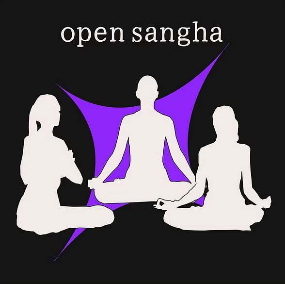 Silhouettes of three women in yoga poses with a purple abstract design behind them and the text 'open sangha' at the top.