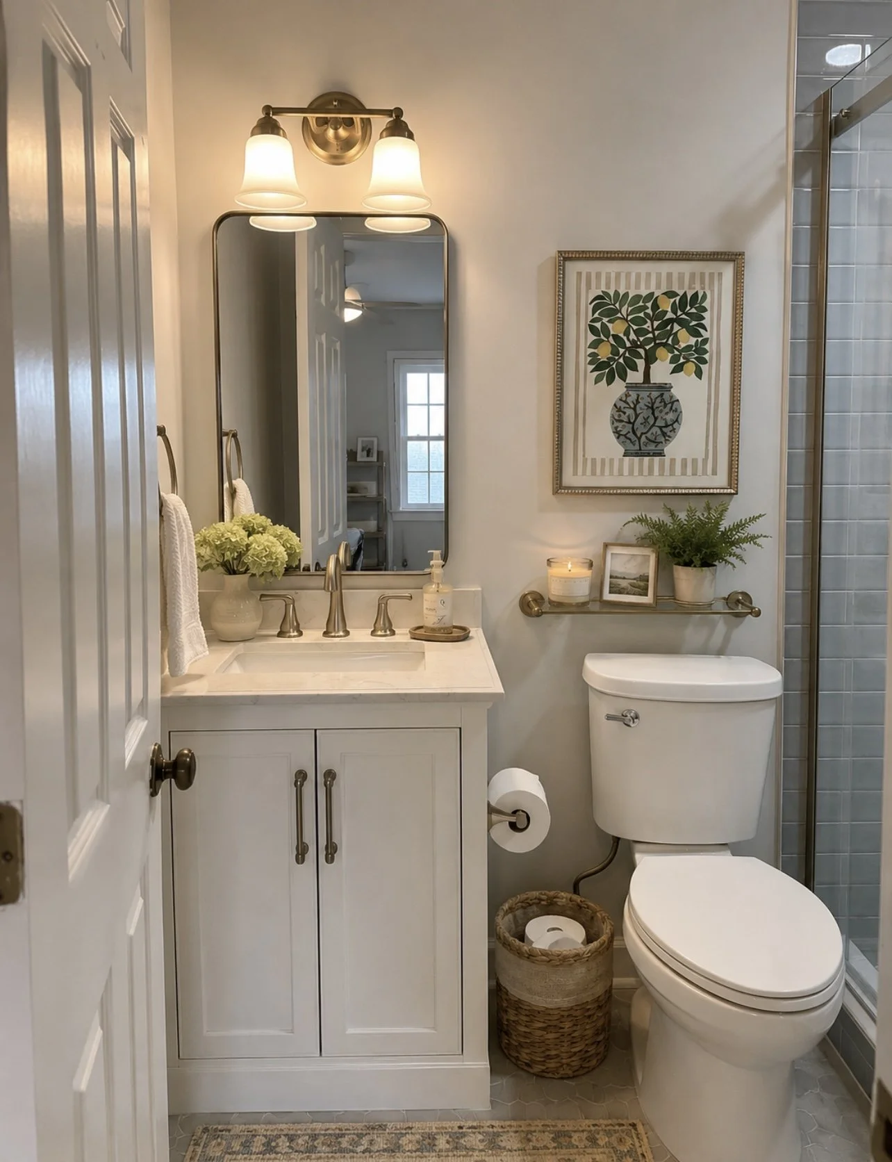 A cozy, well-decorated bathroom with a white vanity, a large mirror, a potted plant, and framed artwork. The artwork is of a lemon tree in a decorative pot. The bathroom has neutral tones, brass fixtures, and a glass shower door on the right.