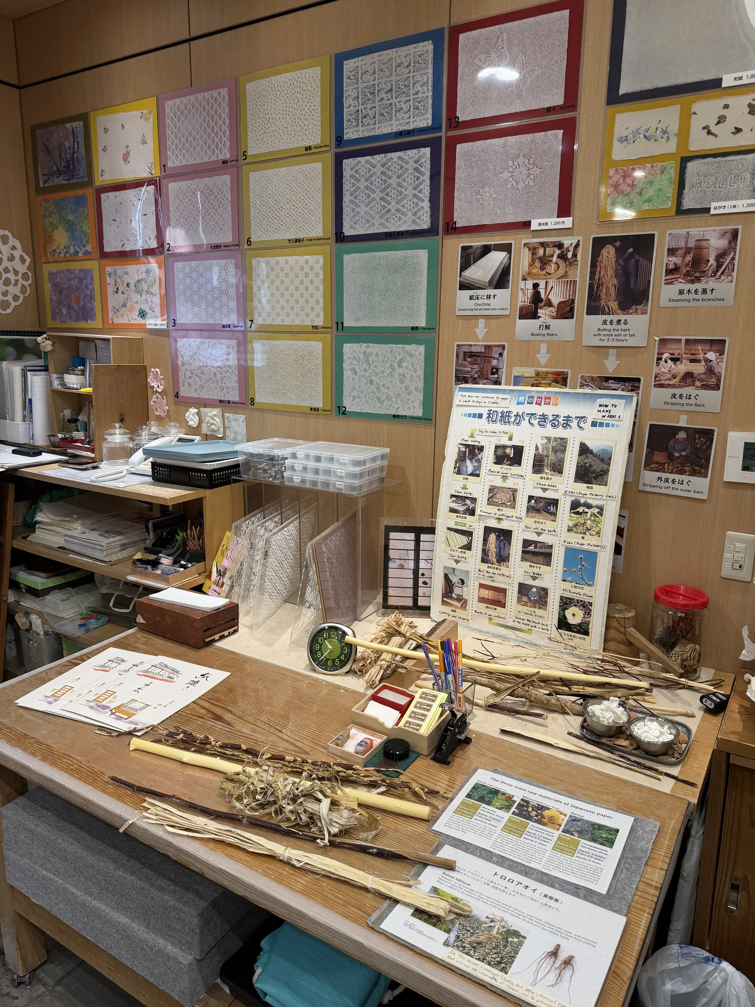 A workshop or classroom with various papers, plants, and instructional posters related to Japanese paper making and traditional crafts. The walls display samples and diagrams, and the table holds dried plant materials, tools, and informational sheets.