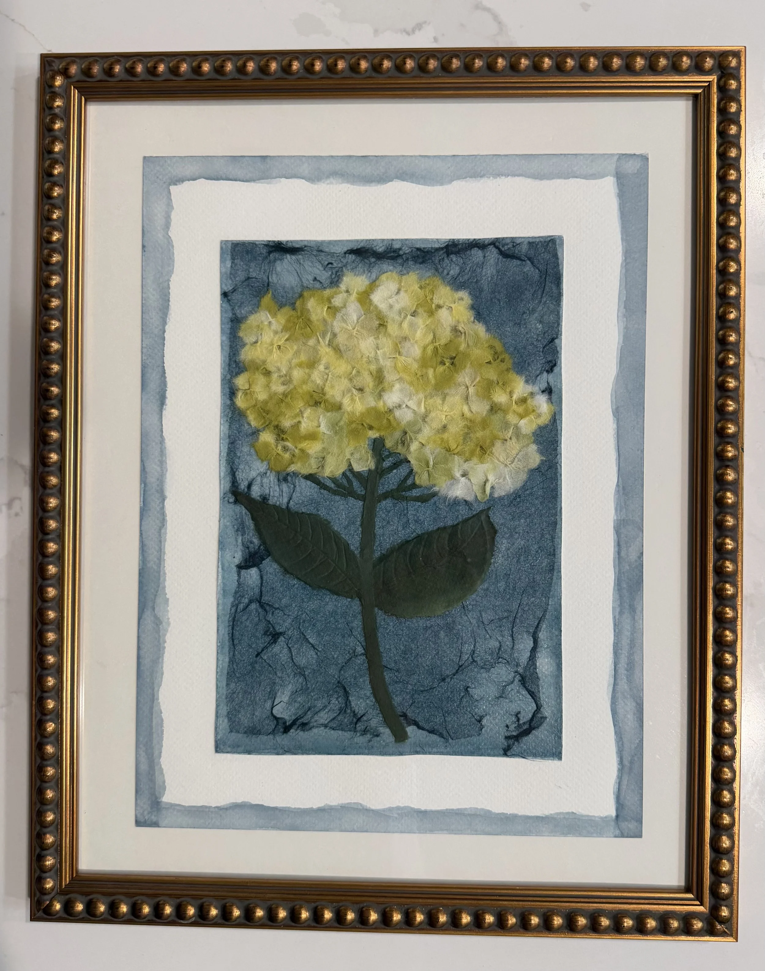 Framed botanical artwork of a yellow hydrangea flower on a textured background.