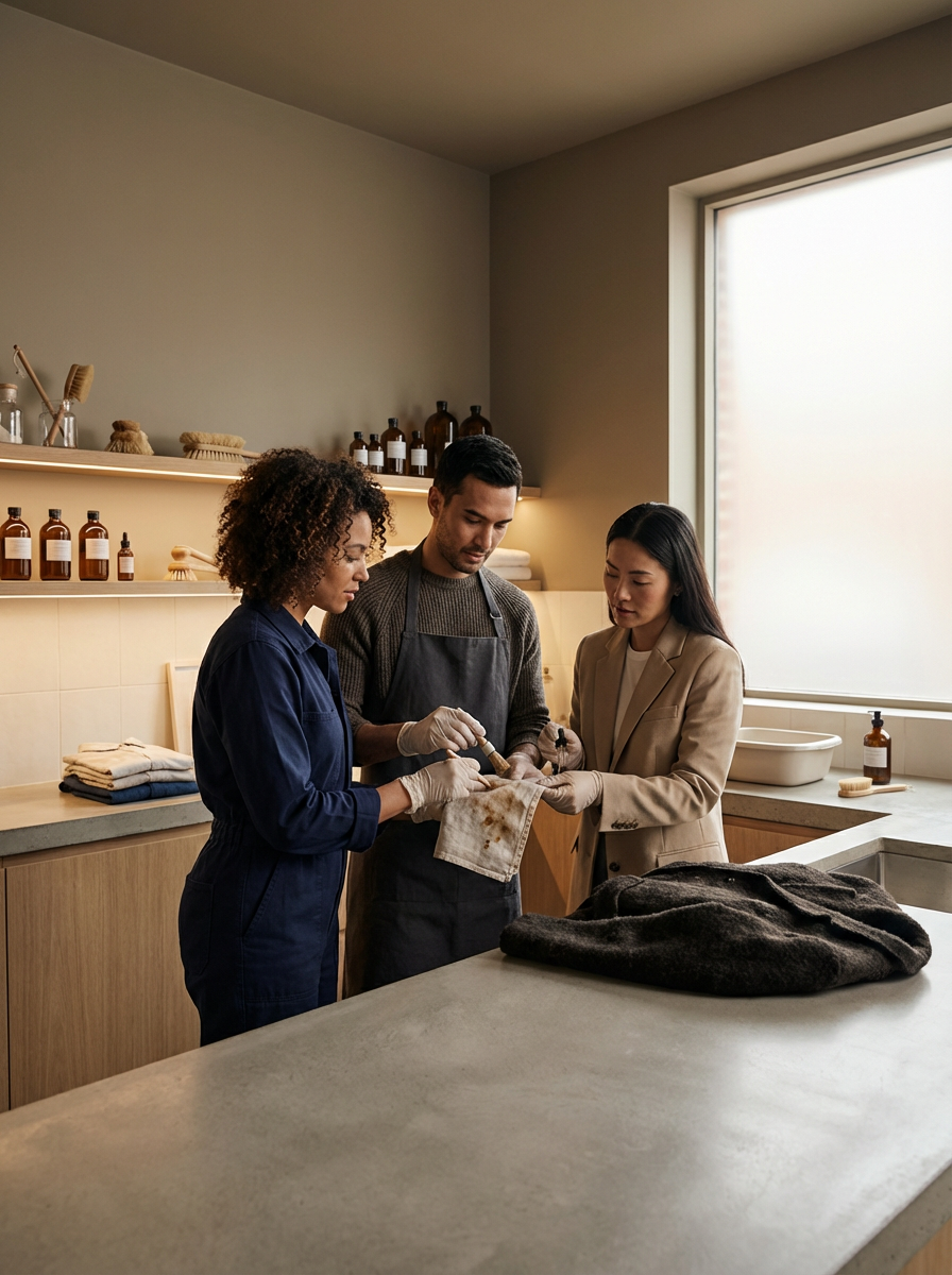 Three people in a laundry room handling clothes or fabric, possibly cleaning or folding, with shelves of bottles and towels in the background.