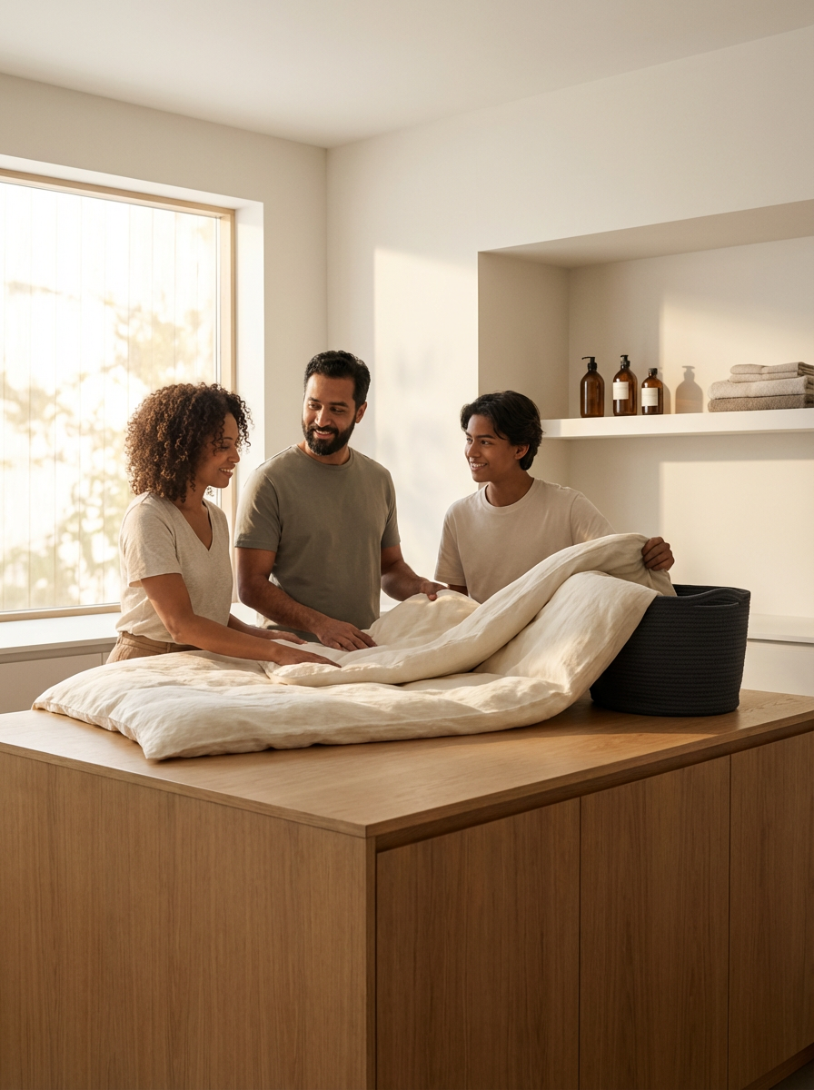 Three people folding a duvet on a bed in a bright, minimal bedroom.