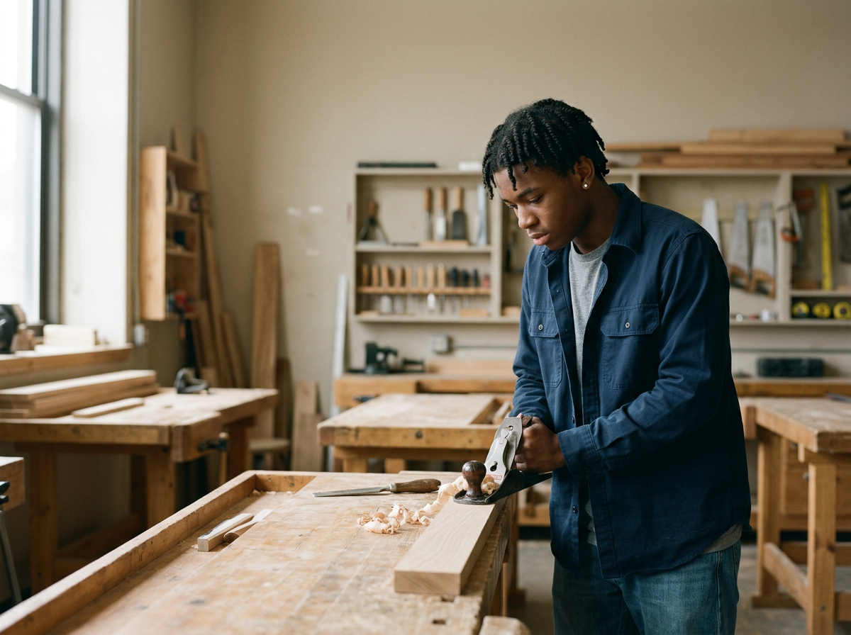 A young man in a woodworking shop using a hand plane on a piece of wood.